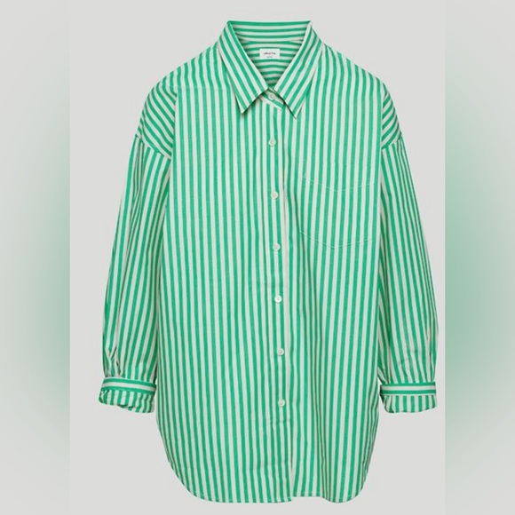 Aritzia Wilfred Relaxed Poplin Shirt Button-Up Green Striped Size Medium - Picture 5 of 6
